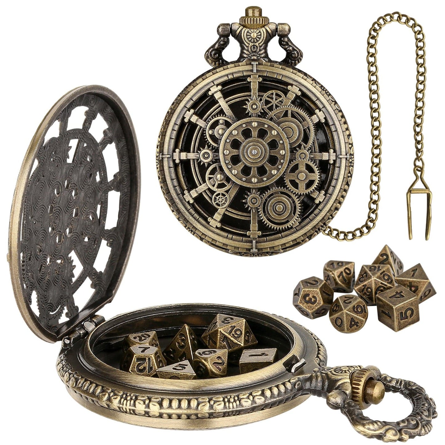 Geloho D20, Dragon Bronze Steampunk Gear Pocket Watch Dice Set