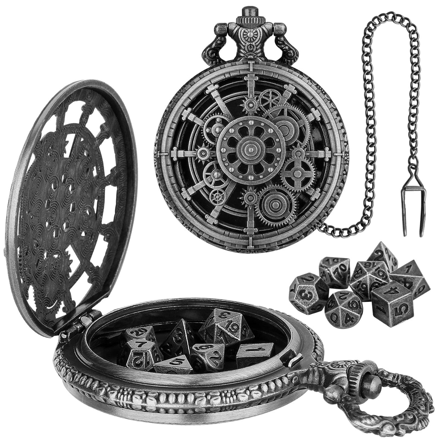 Geloho D20, Dragon Silver Steampunk Gear Pocket Watch Dice Set