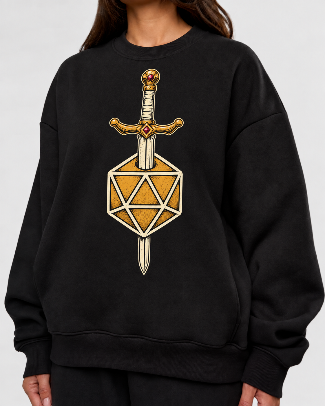 Female model wearing Steel Meets Chance - DnD Sweatshirt