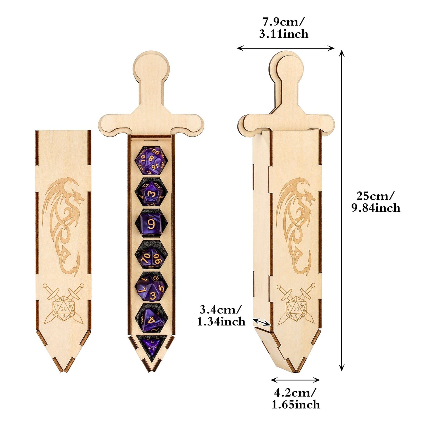Geloho Sword Dice Case – Dragon Engraved Wooden DnD Case for 7-Die Polyhedral Set