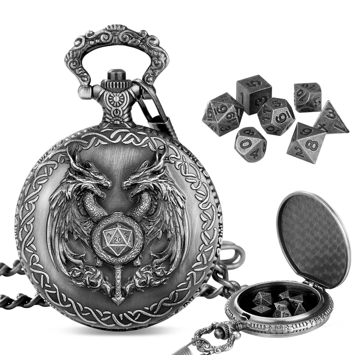 Geloho Silver Twin Dragons Pocket Watch Dice Set