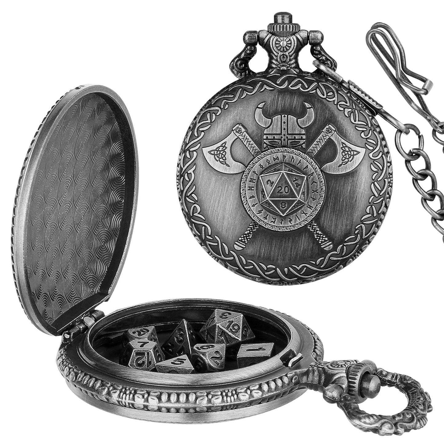 Geloho Silver Viking Warrior Pocket Watch Dice Set