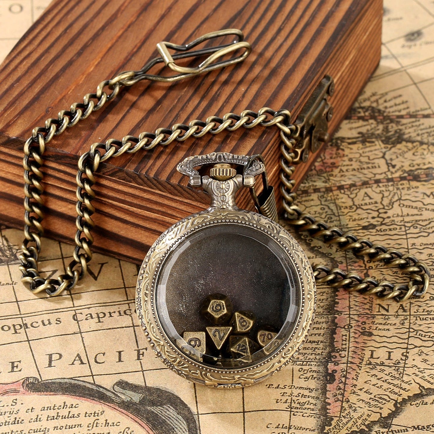 Geloho D20, Dragon Bronze Vintage Transparent Pocket Watch Dice Set