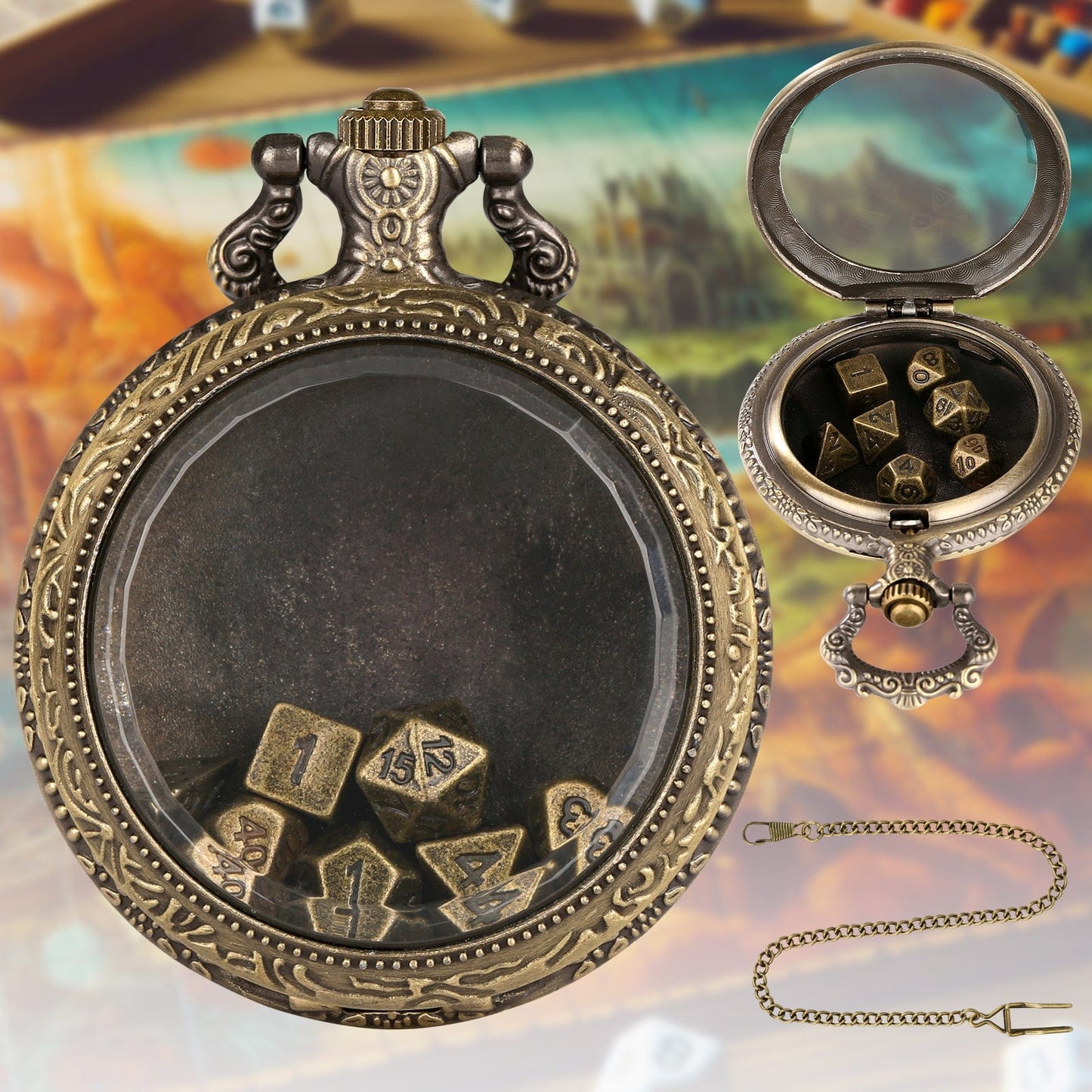 Geloho D20, Dragon Bronze Vintage Transparent Pocket Watch Dice Set