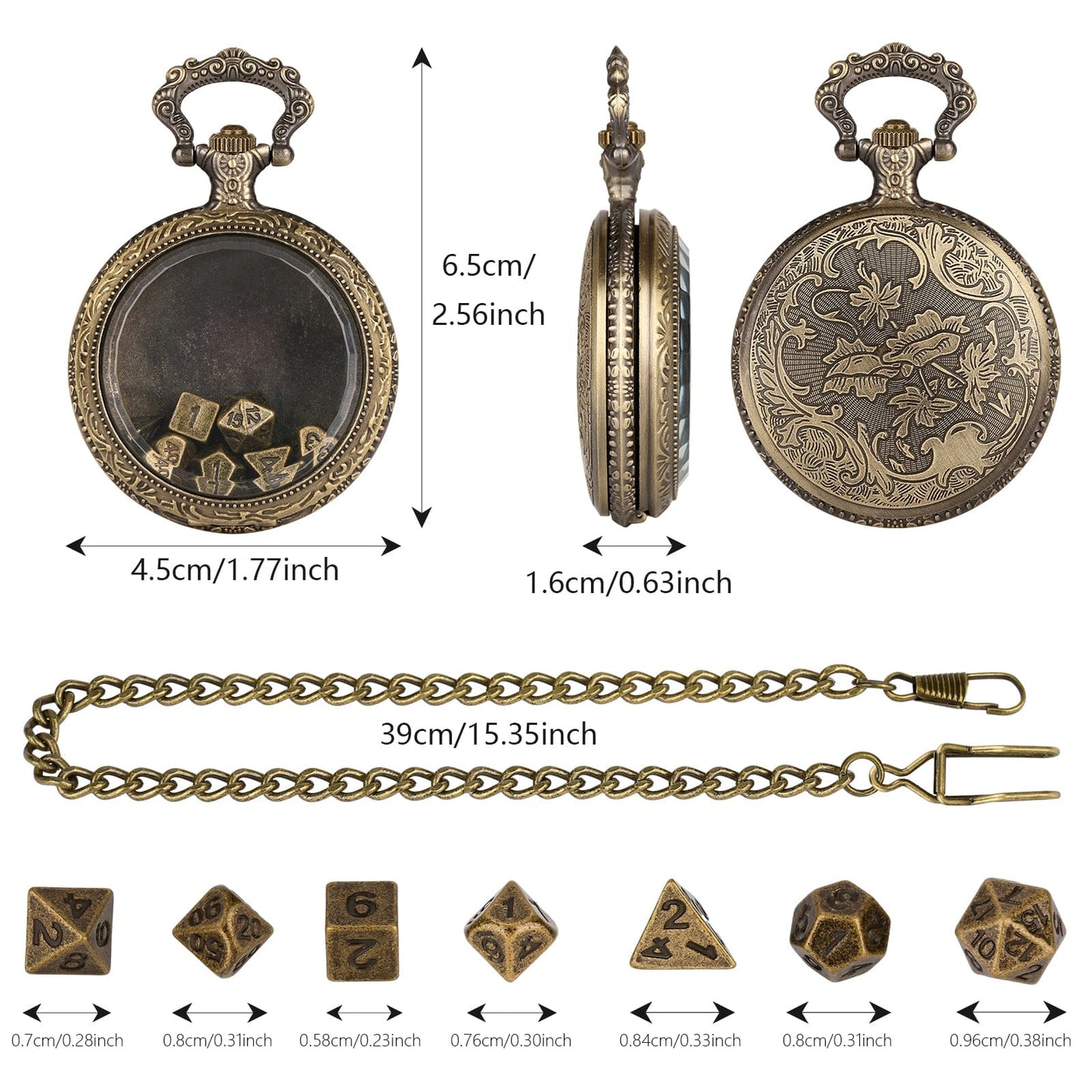 Geloho D20, Dragon Bronze Vintage Transparent Pocket Watch Dice Set