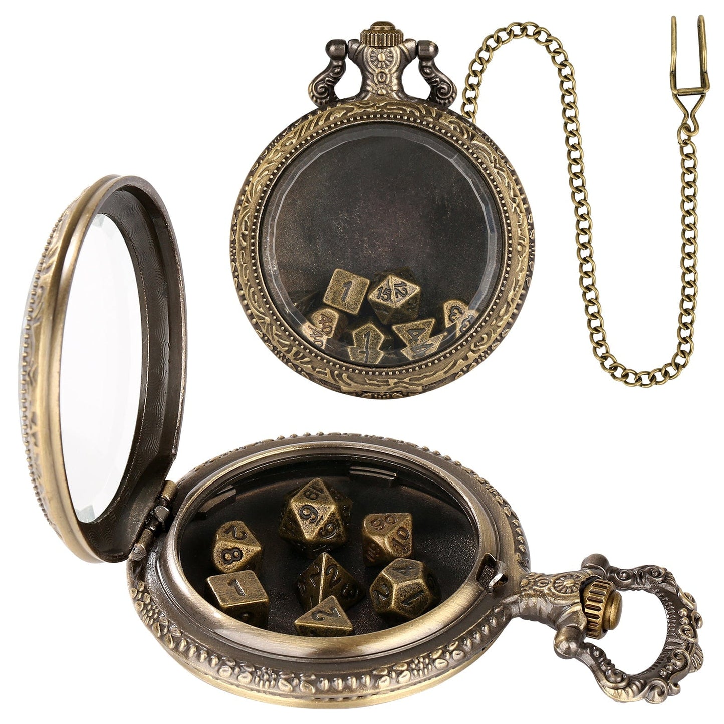 Geloho D20, Dragon Bronze Vintage Transparent Pocket Watch Dice Set