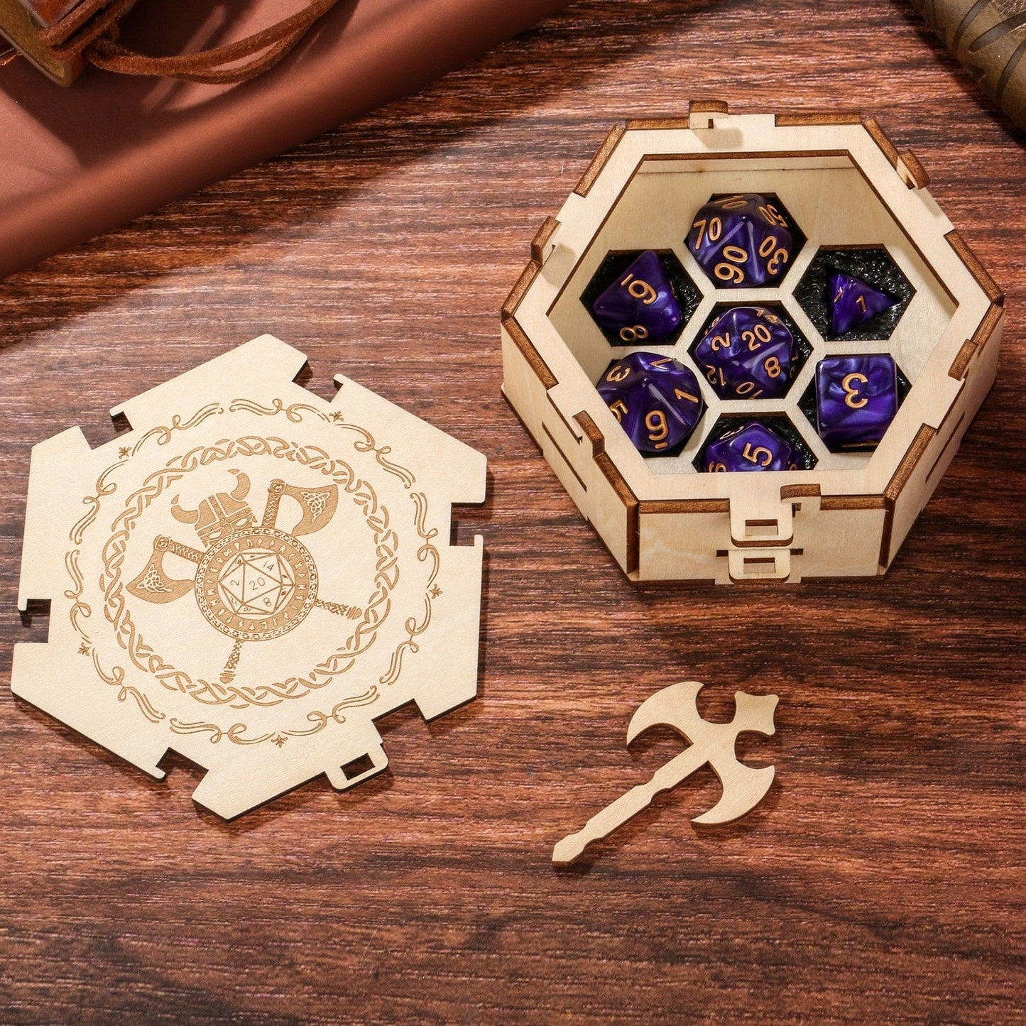 Geloho Warrior Vault Dice Case – Octagon Wooden Case with Axe Key for DnD Dice Set