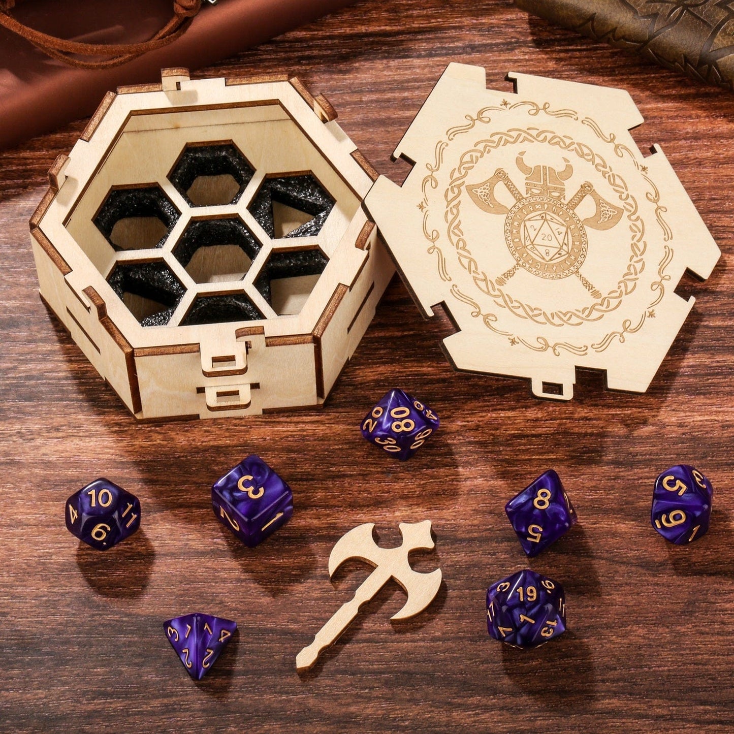 Geloho Warrior Vault Dice Case – Octagon Wooden Case with Axe Key for DnD Dice Set