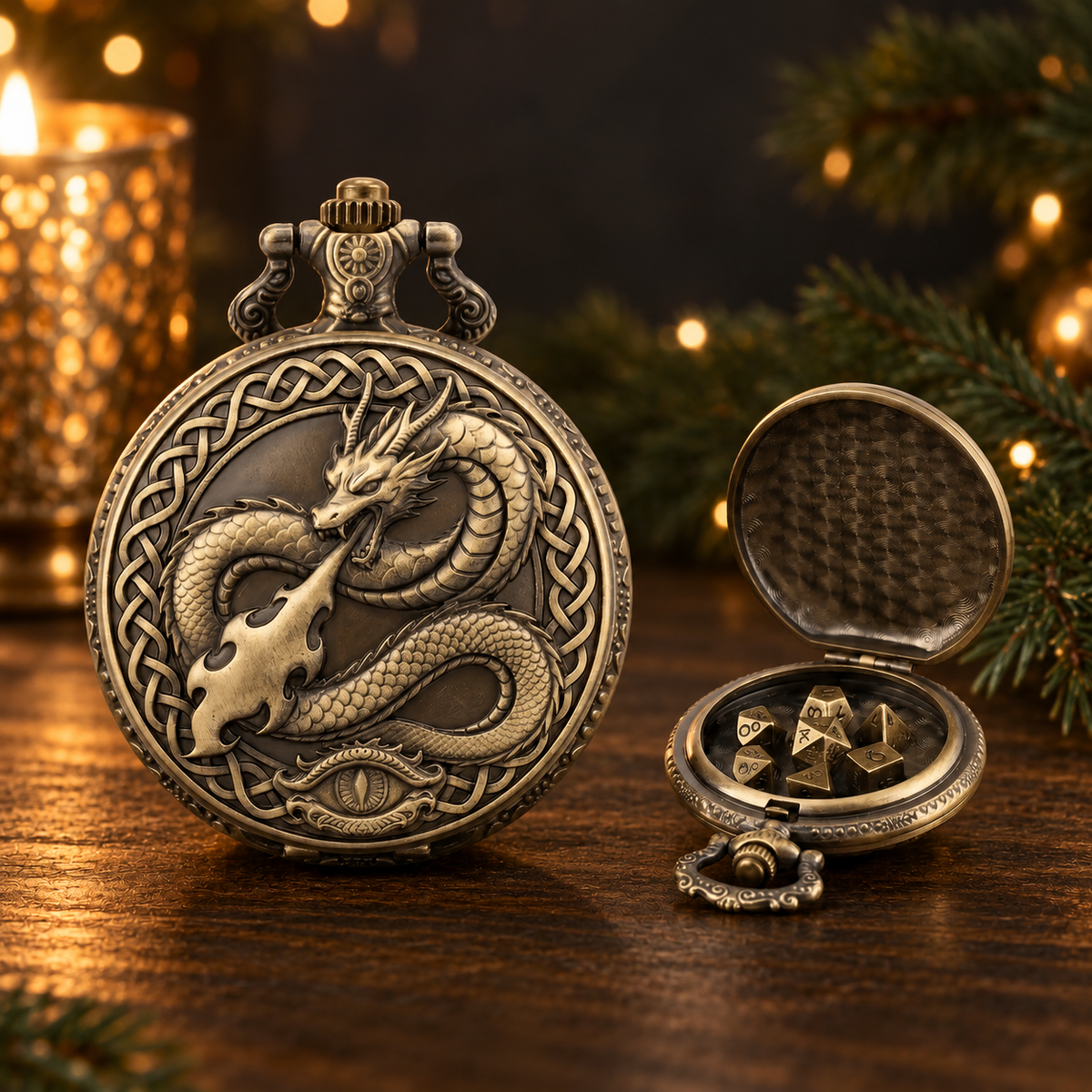 Pocket Watch Dice Set displayed in a warm Christmas gift scene