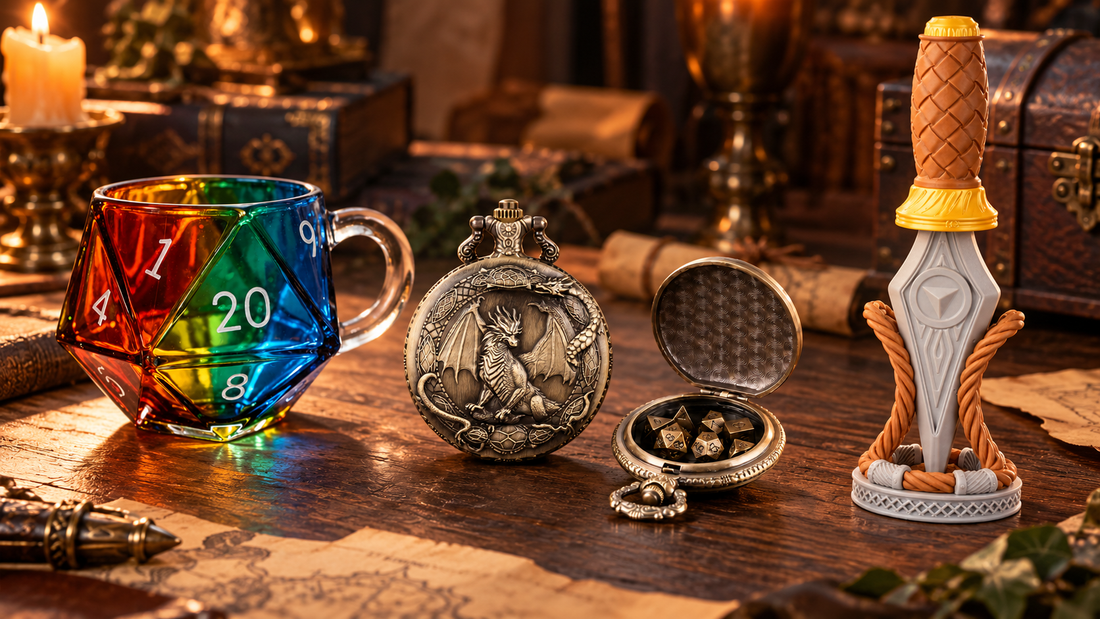 Distinctive D&D gifts under $50 displayed on a warm fantasy tabletop