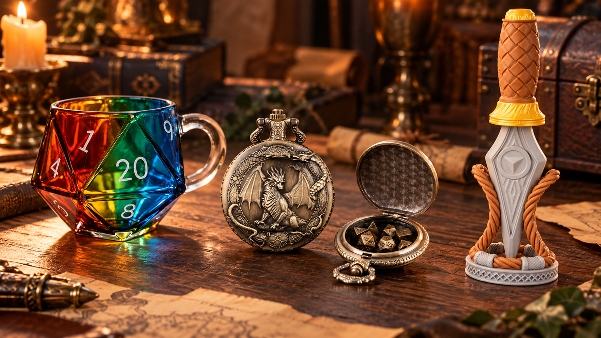 Distinctive D&D gifts under $50 displayed on a warm fantasy tabletop
