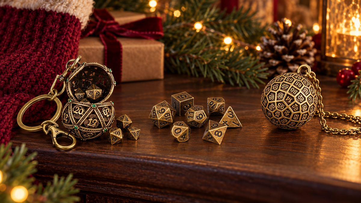 Compact D&D stocking stuffers arranged beside a burgundy stocking