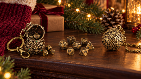Compact D&D stocking stuffers arranged beside a burgundy stocking