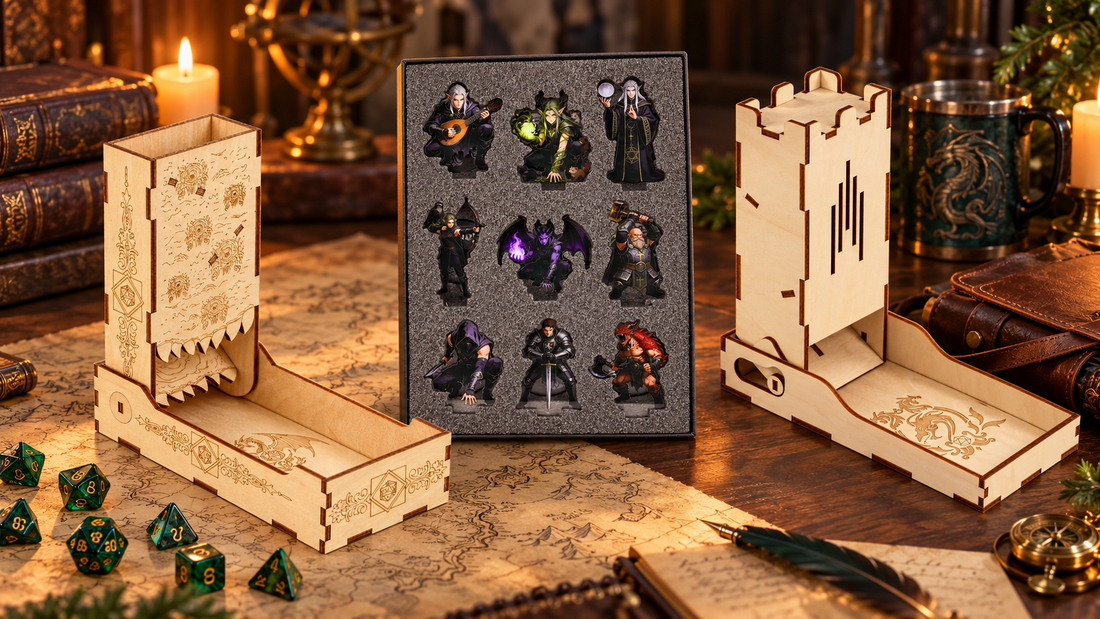 Dice towers and character miniatures arranged for a new Dungeon Master