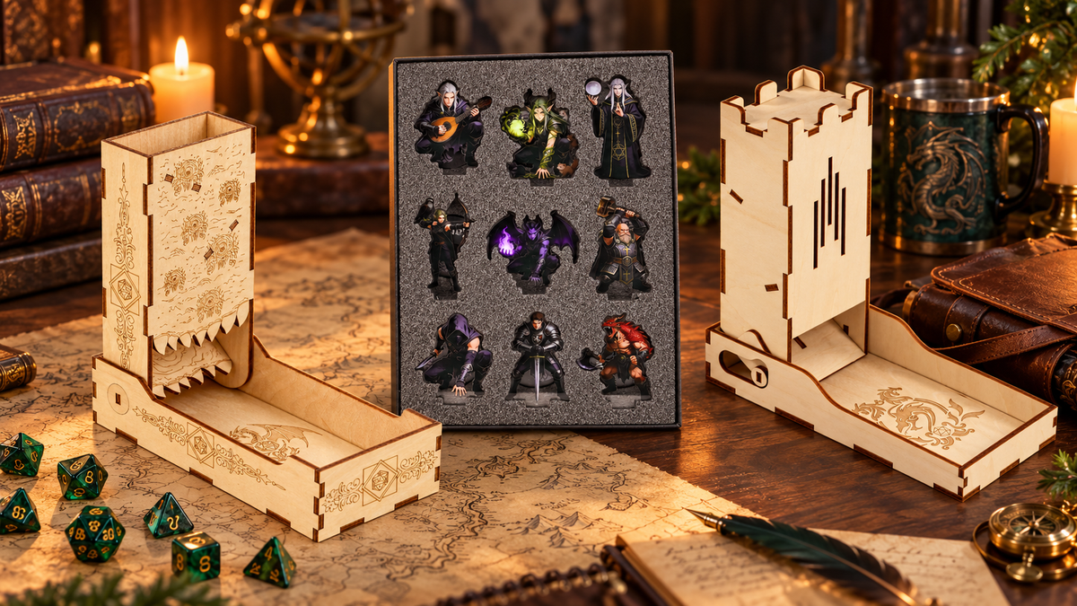 Dice towers and character miniatures arranged for a new Dungeon Master