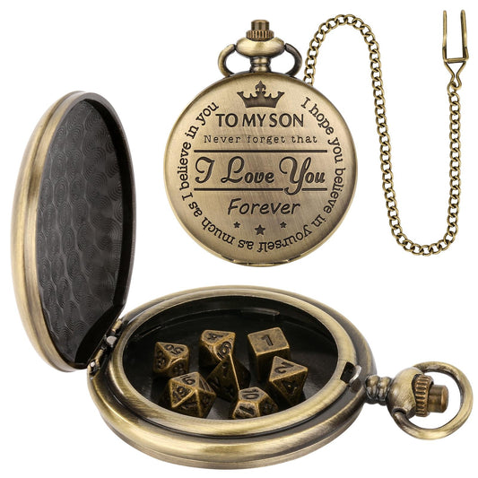 Pocket watch case thick chain + bronze dice