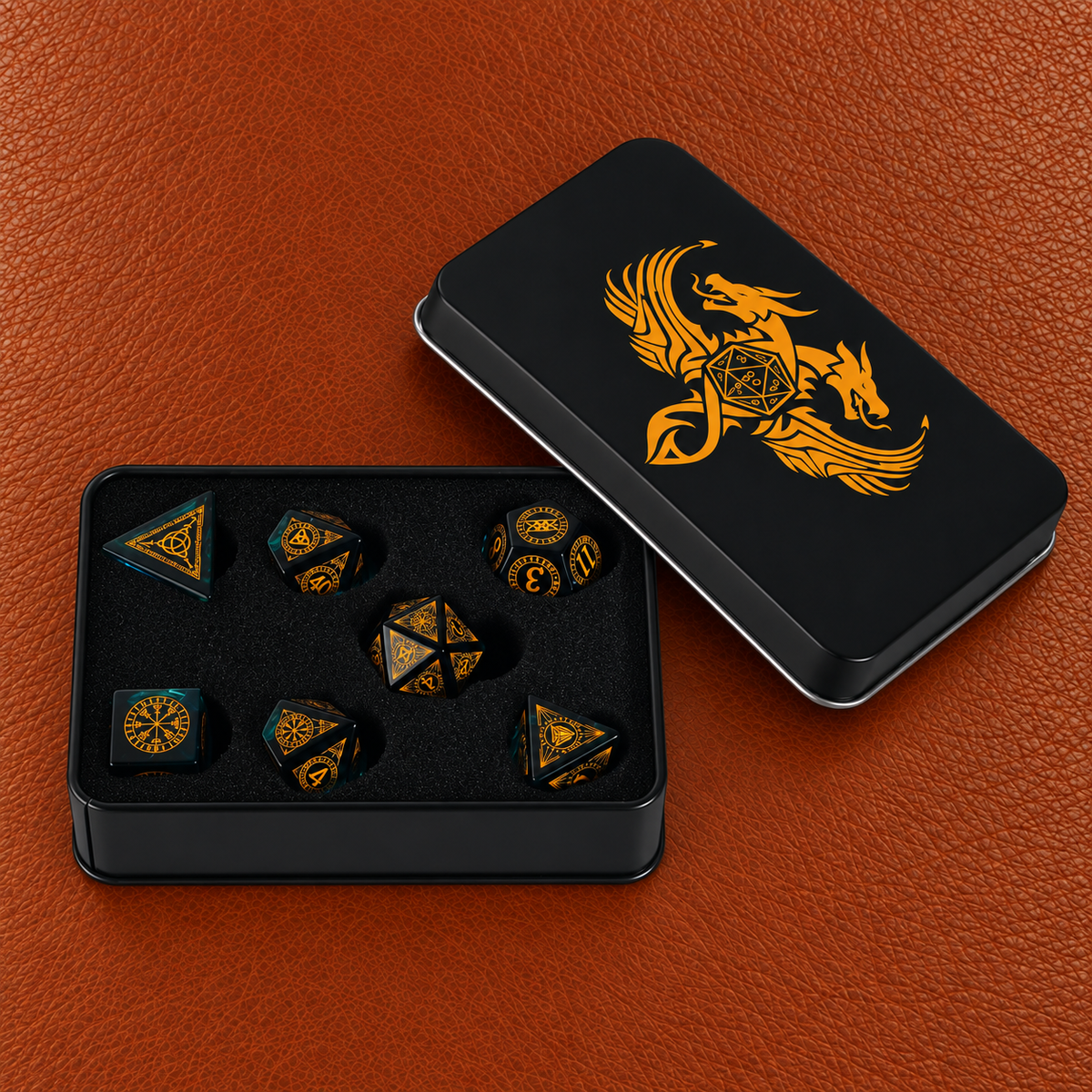 Azure Beast Oath-Gemstone Dice Set – GELOHO gift packaging on cognac leather