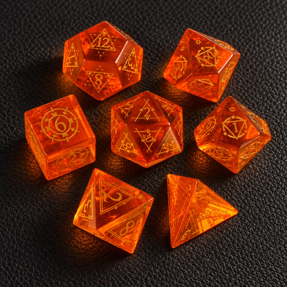 Ember Rune Forge-Gemstone Dice Set – complete seven-piece set