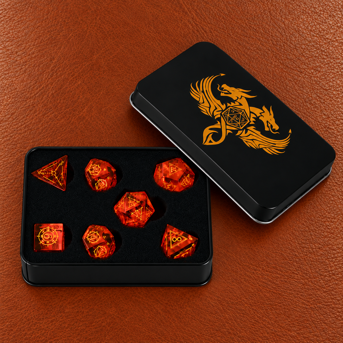 Ember Rune Forge-Gemstone Dice Set – GELOHO gift packaging on cognac leather