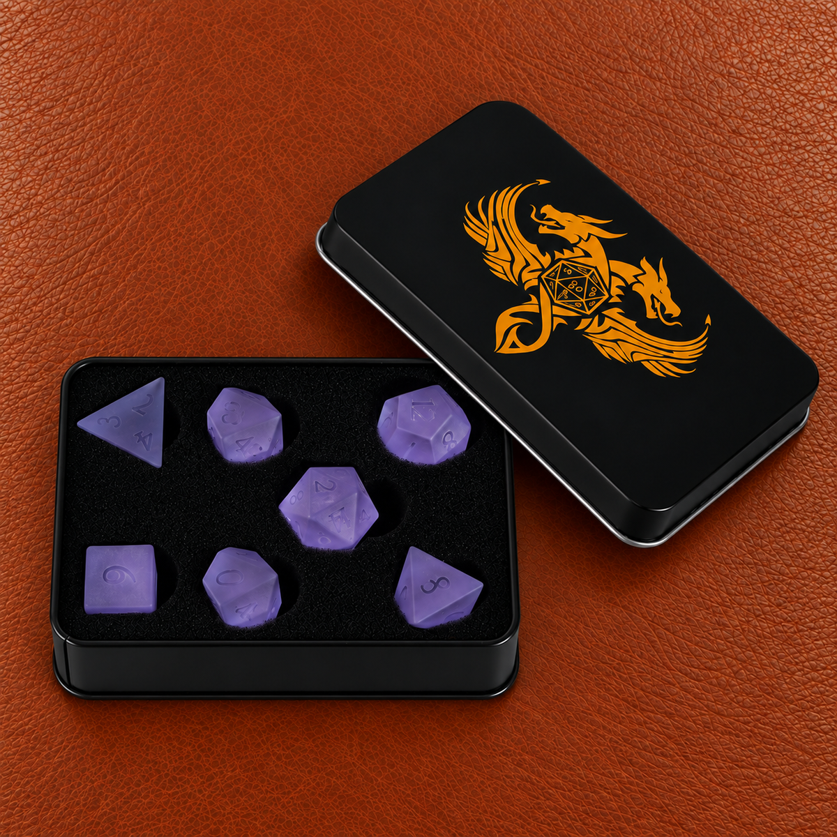 Violet Dream Veil-Gemstone Dice Set – GELOHO gift packaging on cognac leather
