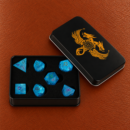 Tidal Arcane Whisper-Gemstone Dice Set – GELOHO gift packaging on cognac leather