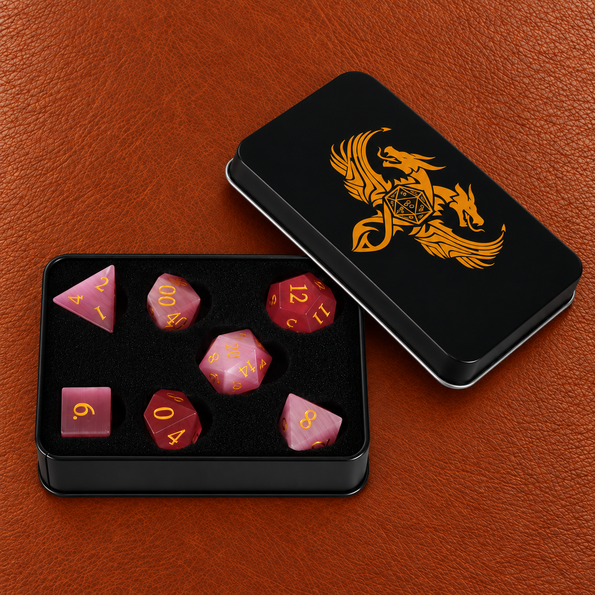 Rose Fey Charm-Gemstone Dice Set – GELOHO gift packaging on cognac leather