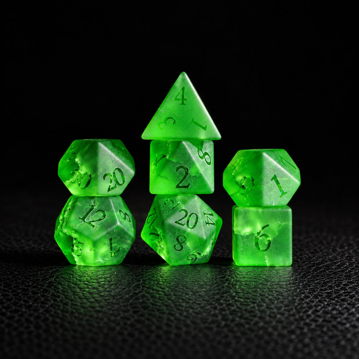 Verdant Rift Sigil-Gemstone Dice Set – standing polyhedral set