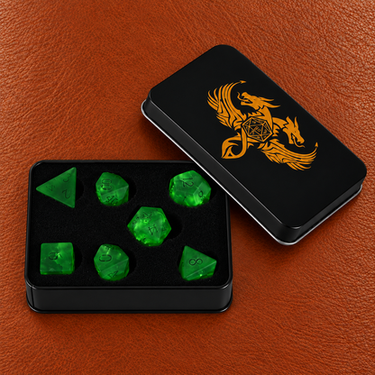 Verdant Rift Sigil-Gemstone Dice Set – GELOHO gift packaging on cognac leather
