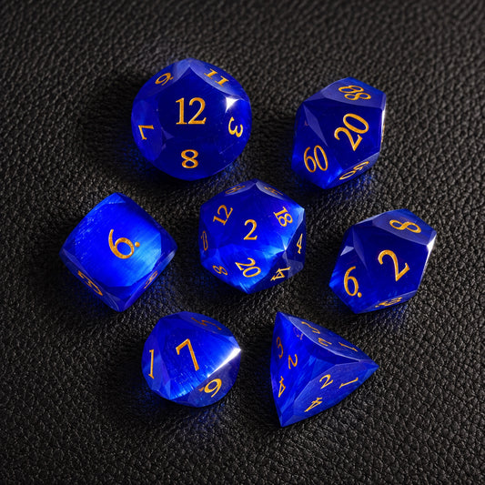 Sapphire Dragon Scale-Gemstone Dice Set – complete seven-piece set