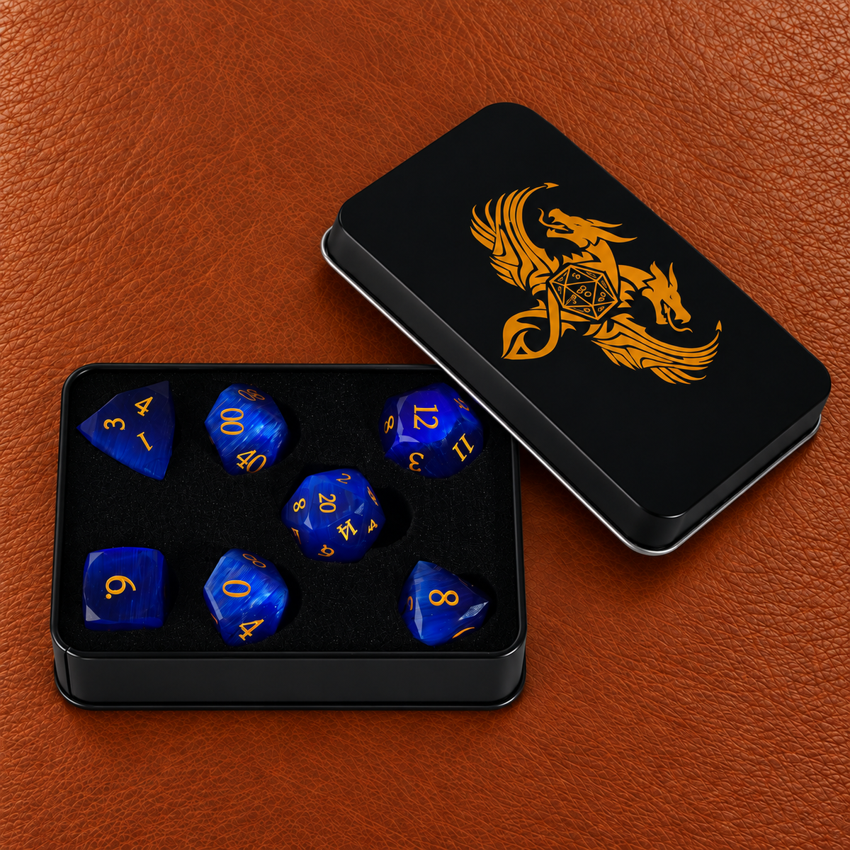 Sapphire Dragon Scale-Gemstone Dice Set – GELOHO gift packaging on cognac leather