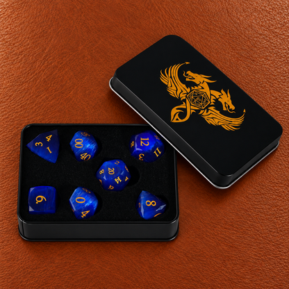 Sapphire Dragon Scale-Gemstone Dice Set – GELOHO gift packaging on cognac leather