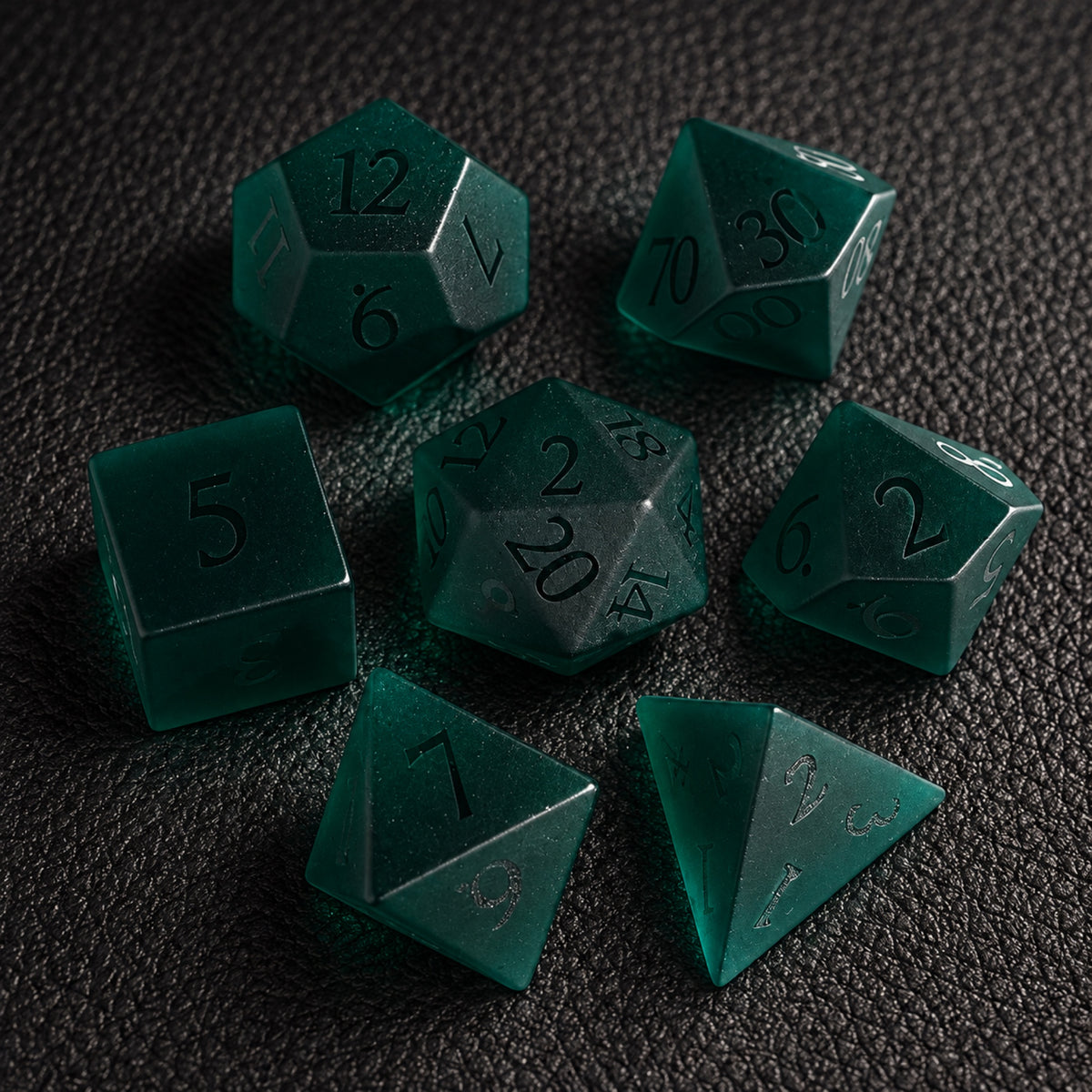 Evergreen Rune Grove-Gemstone Dice Set – complete seven-piece set