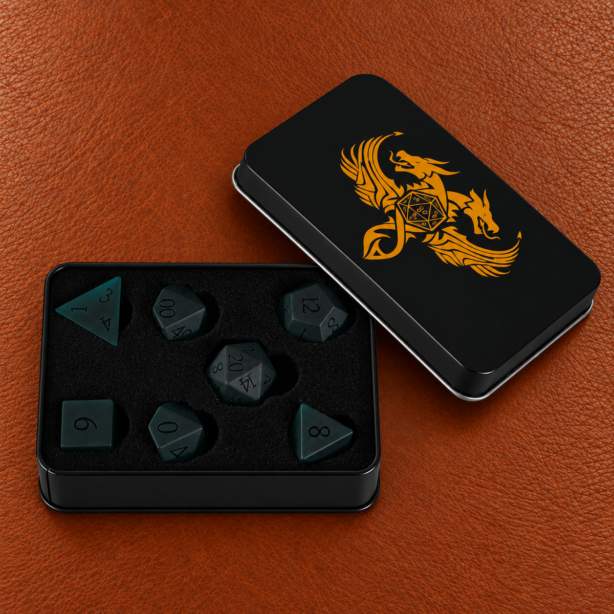 Evergreen Rune Grove-Gemstone Dice Set – GELOHO gift packaging on cognac leather