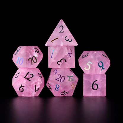 Fey Rose Covenant-Gemstone Dice Set – standing polyhedral set on black leather
