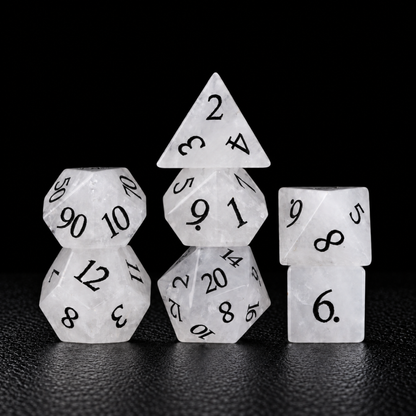 Frostbound Prophecy-Gemstone Dice Set – standing polyhedral set on black leather