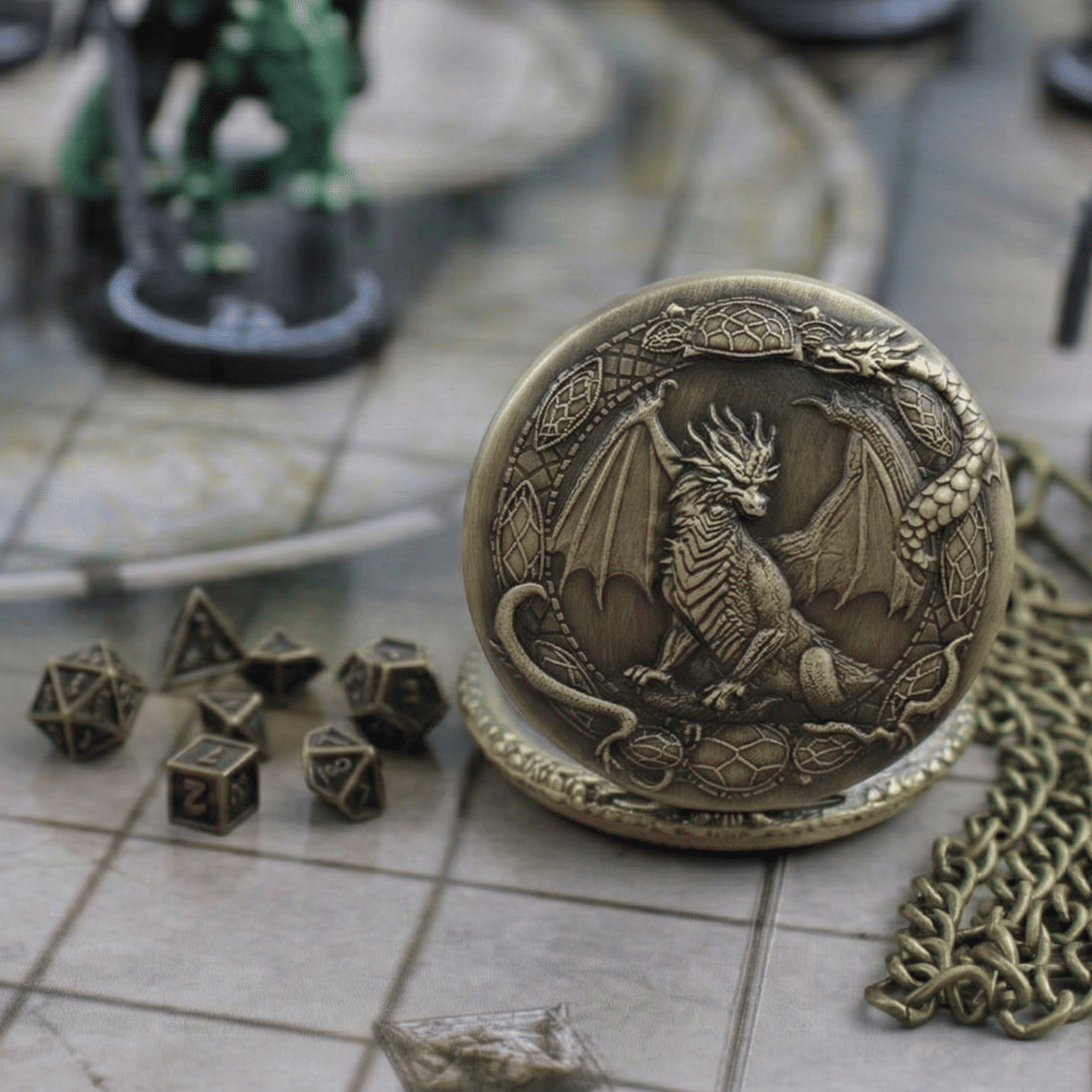 Bronze hourglass with dragon design on a gaming table with miniatures and dice.