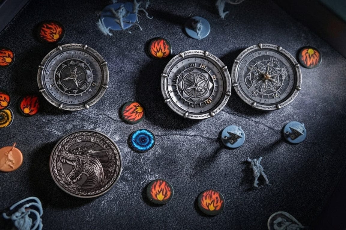 Decorative items including coins, figurines, and small objects on a dark surface.