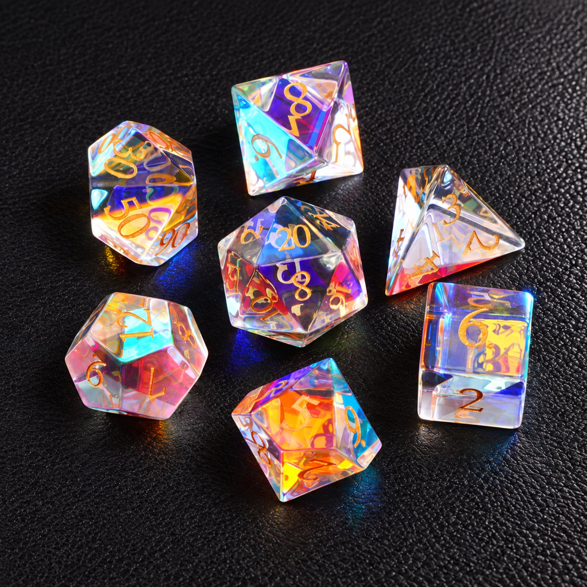 Prismatic Astral Vision-Gemstone Dice Set – complete seven-piece set