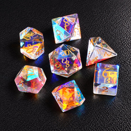 Prismatic Astral Vision-Gemstone Dice Set – complete seven-piece set