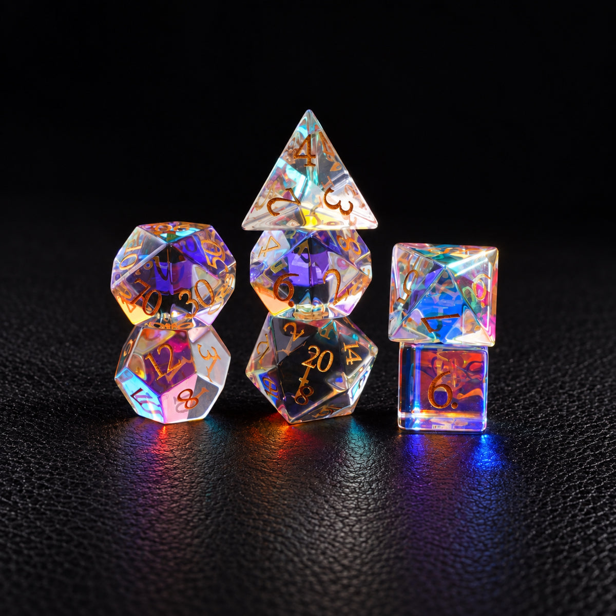 Prismatic Astral Vision-Gemstone Dice Set – standing polyhedral set