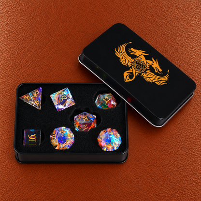 Prismatic Astral Vision-Gemstone Dice Set – GELOHO gift packaging on cognac leather