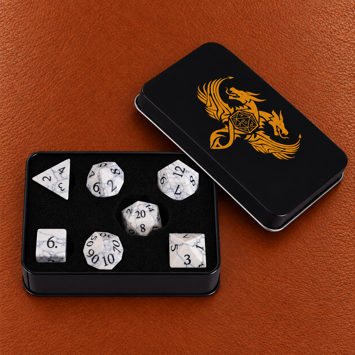 Winter Web Curse-Gemstone Dice Set – GELOHO gift packaging on cognac leather