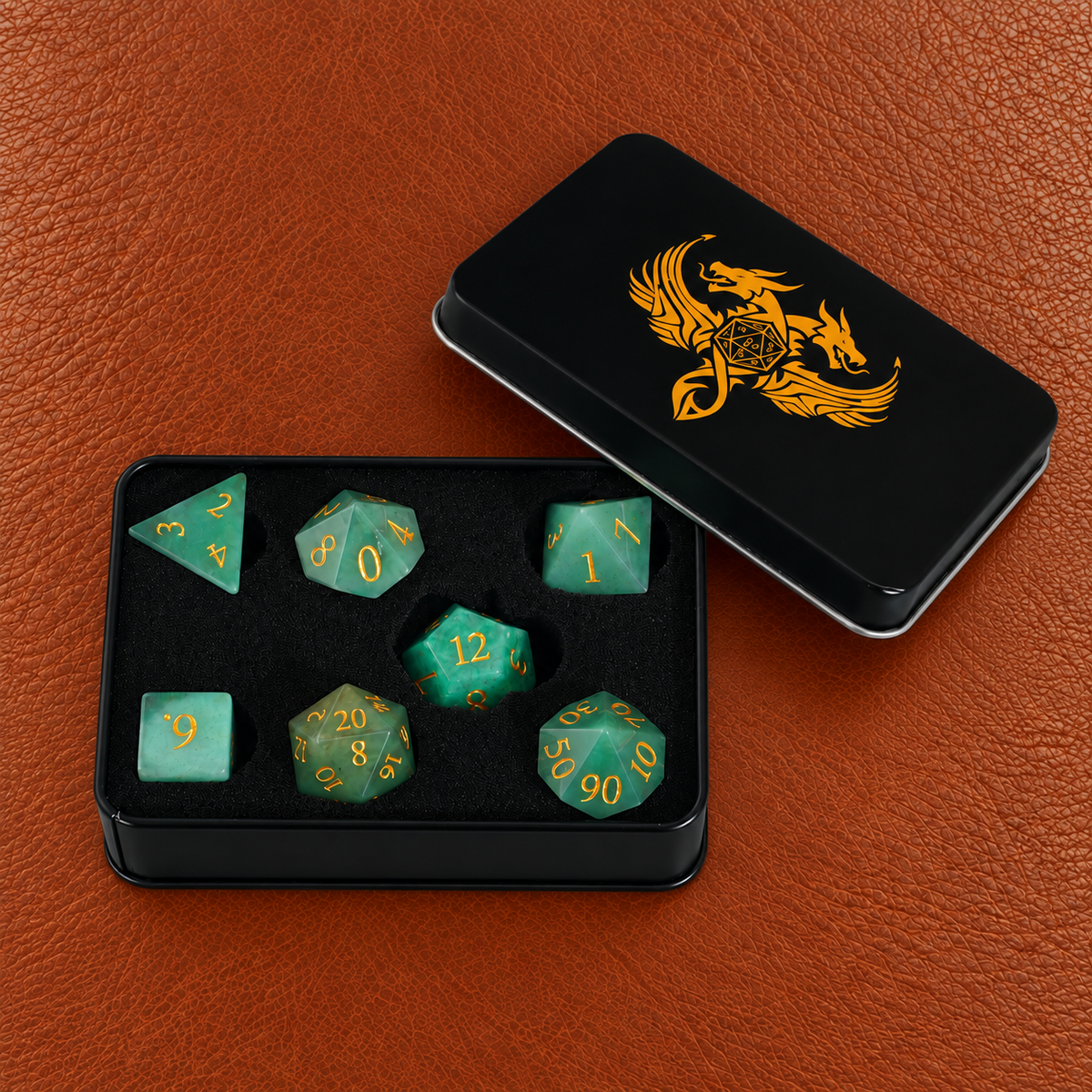 Verdant Grove Oath-Gemstone Dice Set – GELOHO gift packaging on cognac leather