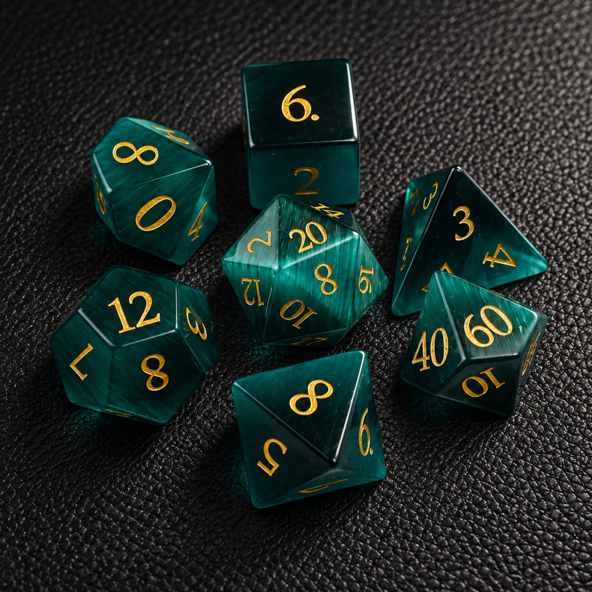 Deepwood Mystic Eye-Gemstone Dice Set – complete seven-piece set