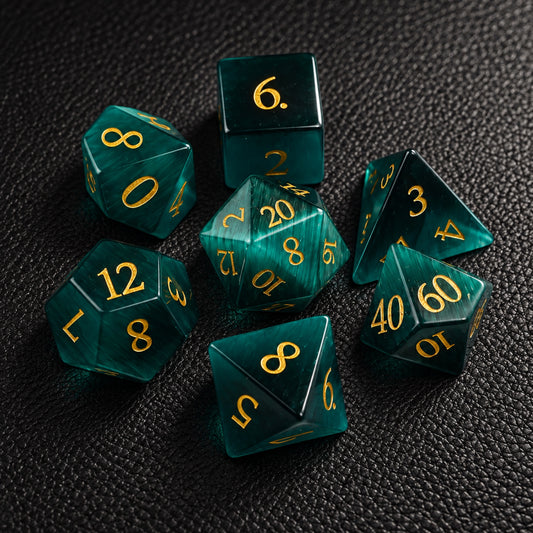 Deepwood Mystic Eye-Gemstone Dice Set – complete seven-piece set