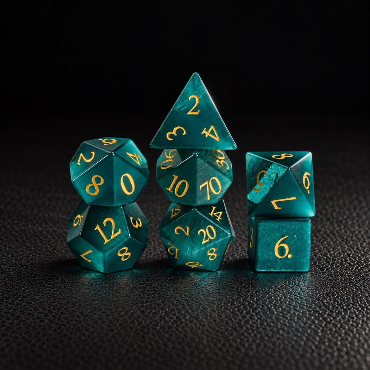 Deepwood Mystic Eye-Gemstone Dice Set – standing polyhedral set