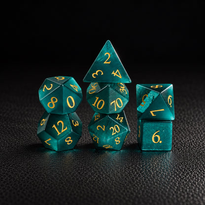 Deepwood Mystic Eye-Gemstone Dice Set – standing polyhedral set