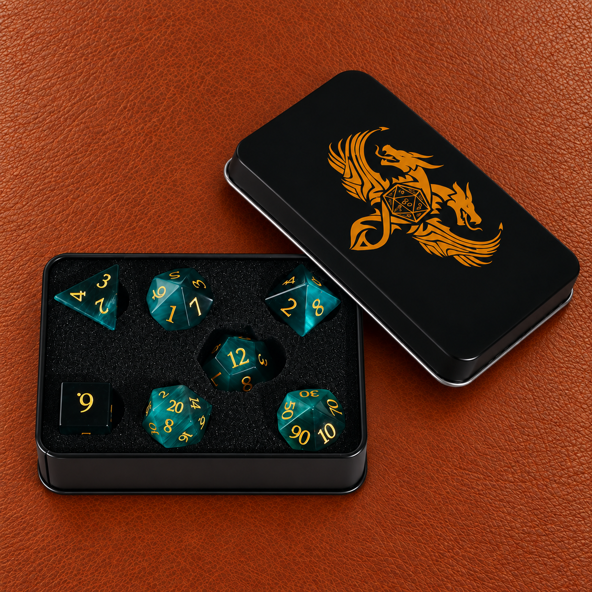 Deepwood Mystic Eye-Gemstone Dice Set – GELOHO gift packaging on cognac leather