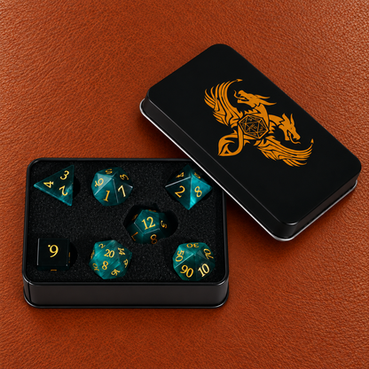 Deepwood Mystic Eye-Gemstone Dice Set – GELOHO gift packaging on cognac leather