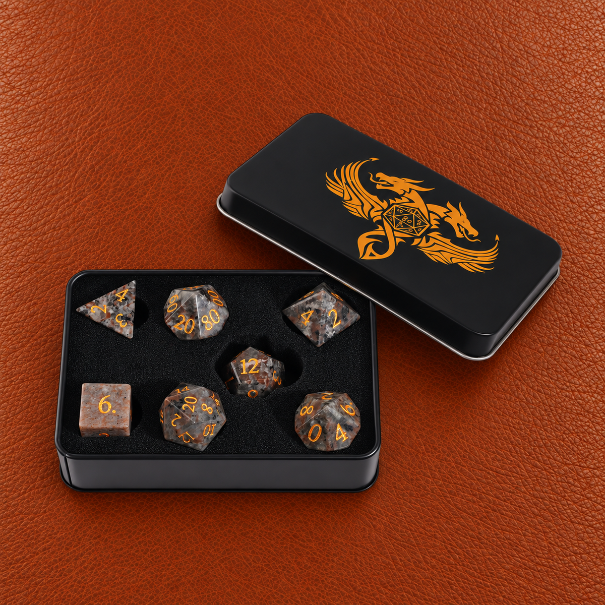 Infernal Flame Pact-Gemstone Dice Set – GELOHO gift packaging on cognac leather